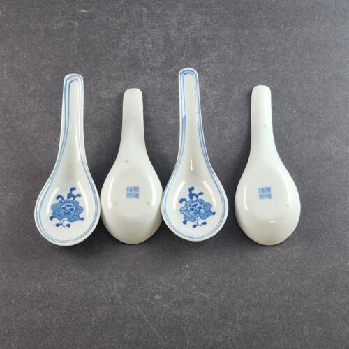 4 PC Porcelain Asian Soup Spoon Rice Ceramic Blue White Flower 5-3/4" Glazed