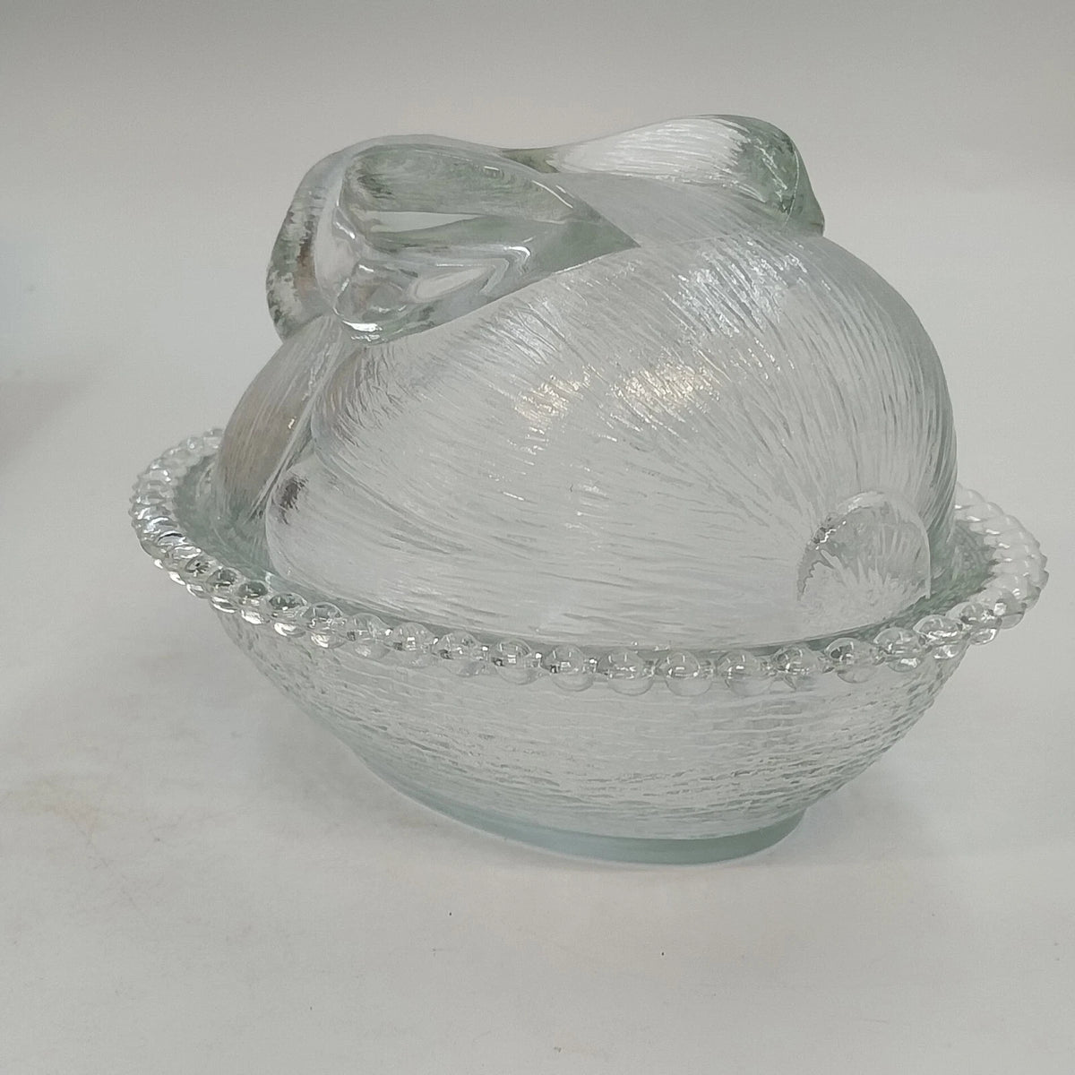 Indiana Glass Confections Bunny on Nest Candy Dish Clear Crystal w Lid USA Vtg