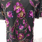 Steney Silk Top Black Pink Sequin Floral Leaf Short Sleeve Zipper Closure Large