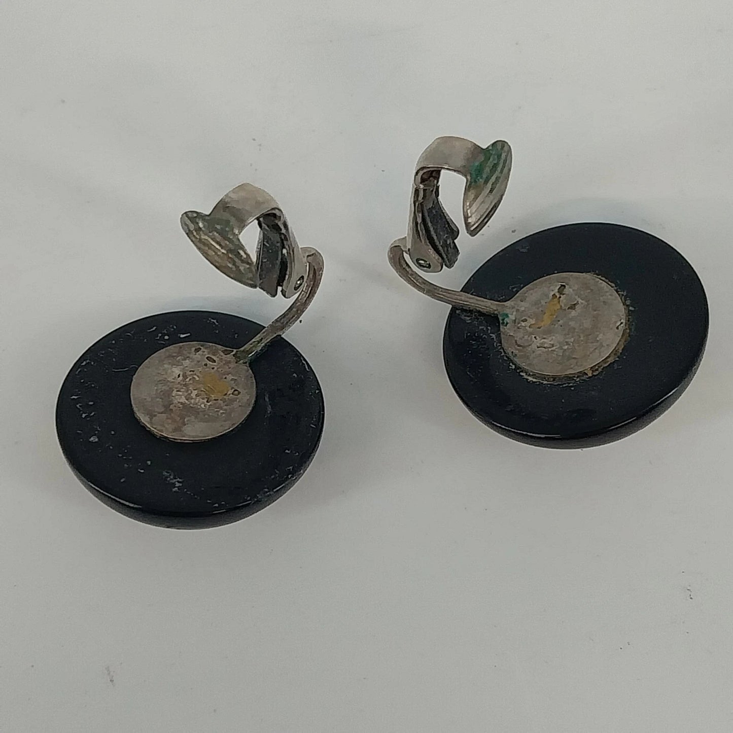 Black Statement Earrings Glossy Abstract Dome Round 1" Silver Tone Clip On Vtg