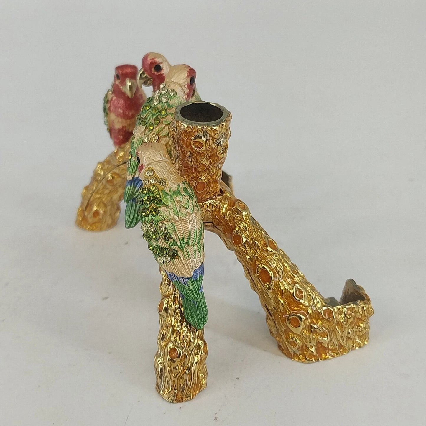 Metal Enamel Crystal Parrot Pen & Business Card Holder Bird on Branch Desk Decor