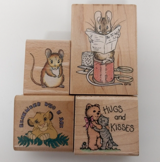 Lot of 4 Animal Rubber Stamps Lion King Beatrix Potter Mice Wood Mounted