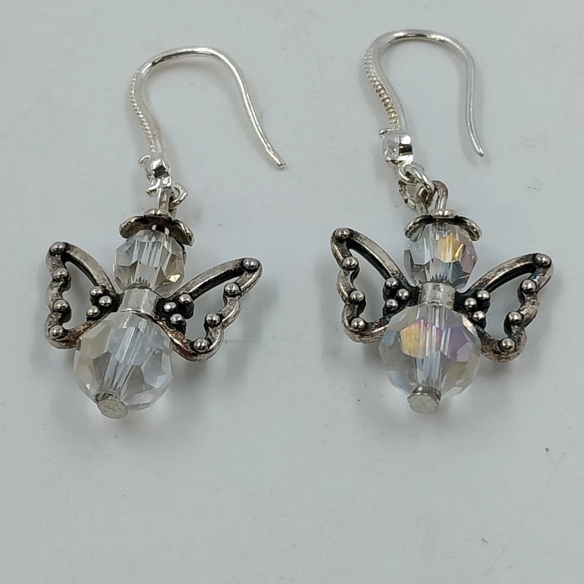Silver Tone Angel Wing Dangle Earrings Clear Faceted Beads French Hook Jewelry