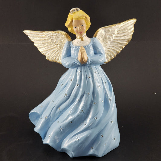 Ceramic Angel Figurine 10"H Blue Dress Rhinestones Glitter Wings Vintage