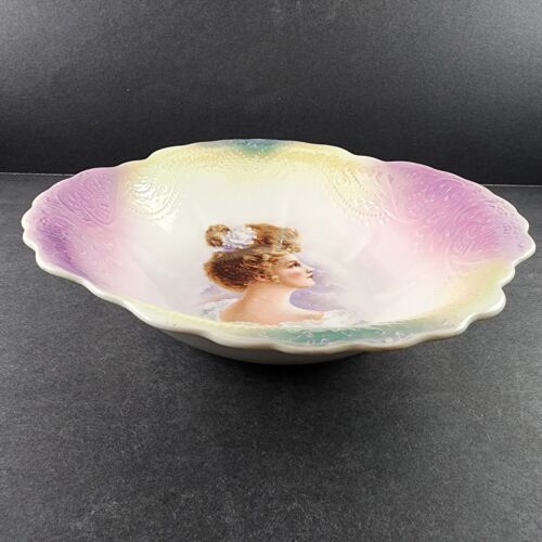 Portrait of Woman Serving Bowl Embossed Designed Scalloped Multicolor Rim Crazed