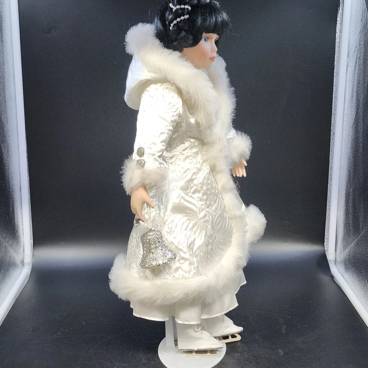 Porcelain Victorian Woman Ice Skater Doll White Faux Fur Gown Purse 21" Vintage
