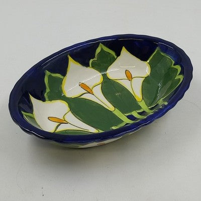 Talavera Calla Lilies Mexico Hand Painted Oval Bowl Art Pottery Signed Mexico Q