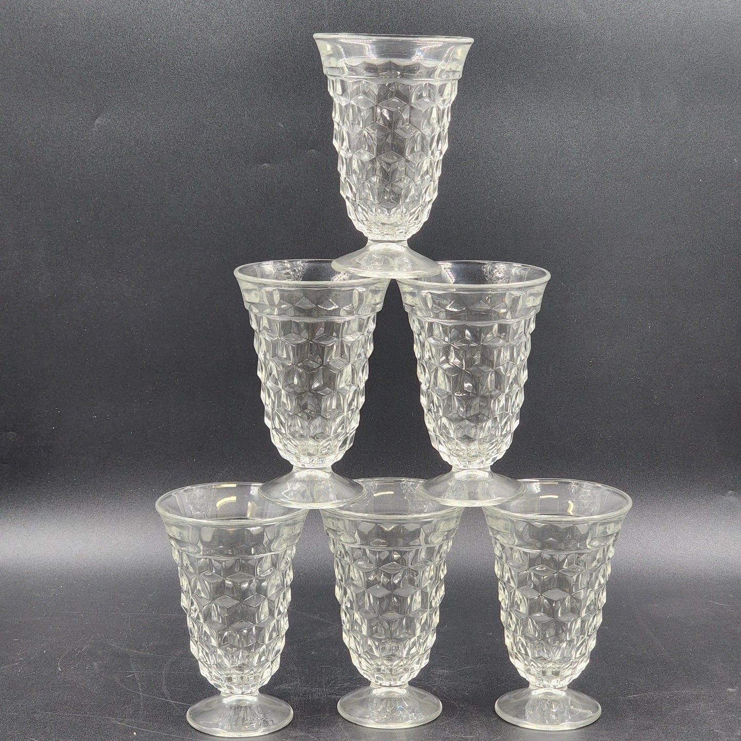6 Fostoria American Clear Ice Tea Glasses Cubist Design Footed Pedestal Vintage