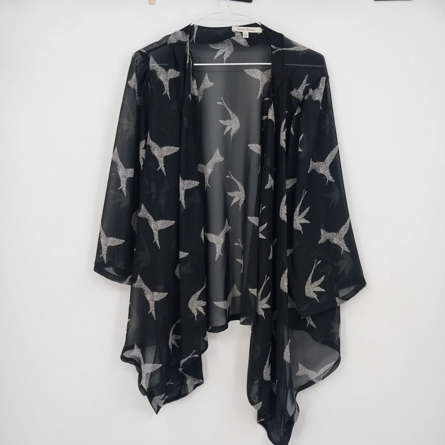 Black Rainn Sheer Kimono Cardigan Women's XL Bird Print Open Front Black White