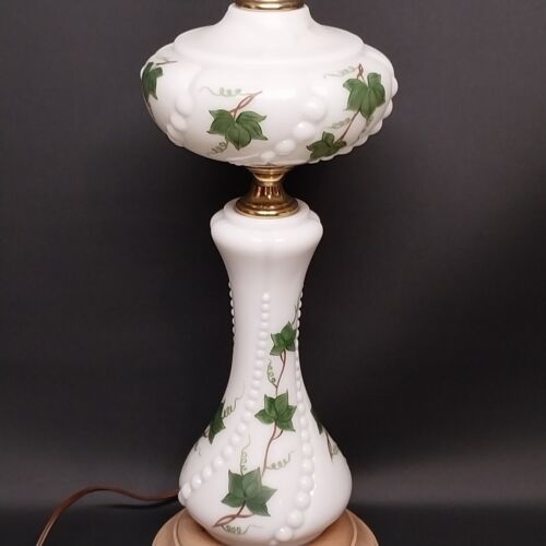 Milk Glass Table Lamp Hand-Painted Green Ivy 3-way Switch Wood Base 21" No Shade