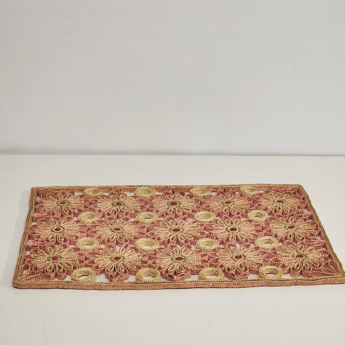 Raffia Ratan Sunburst Placemats Set 4 Boho Woven Orange Red Yellow Table Decor 17.5"