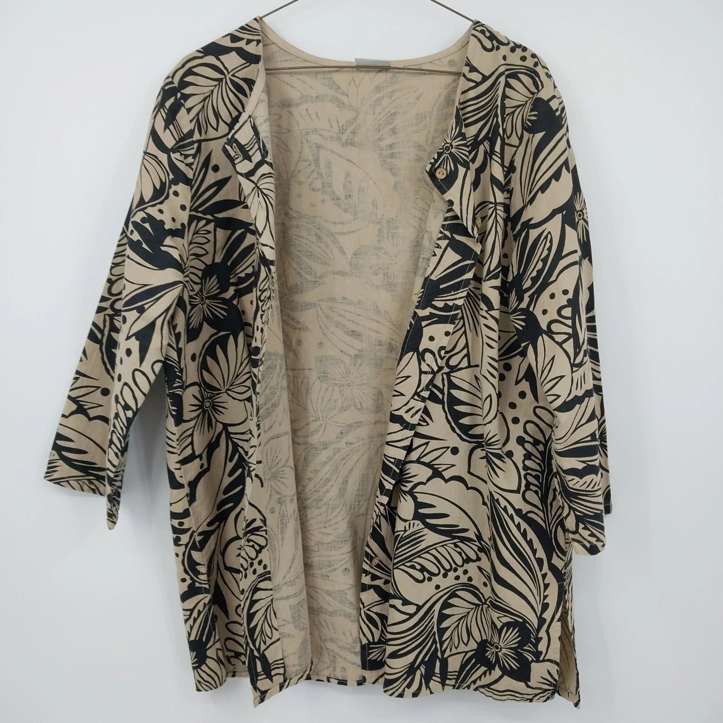 Hot Cotton Women's M Jacket Open Front & Blouse Beige Black 2 Piece Set Floral