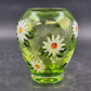 Daisy Green Swirl Glass Vase Hand Painted White Daisies Mid Century Style 7” Vtg