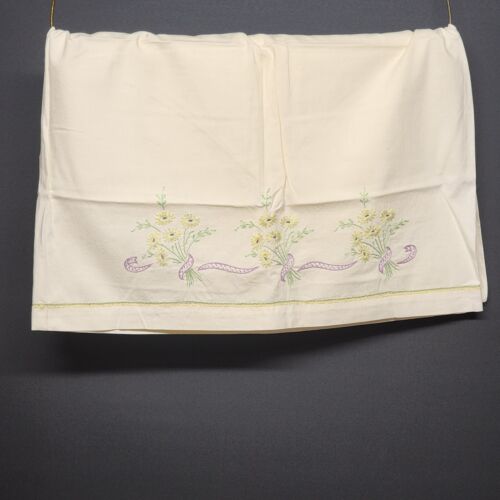 Single Linen Yellow and Off White Embroidered Pillowcase Vintage 26 x 20in