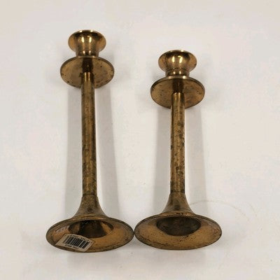 Set of 2 Solid Brass Candlestick Holders 7" & 8" Tall Vintage India Round Base