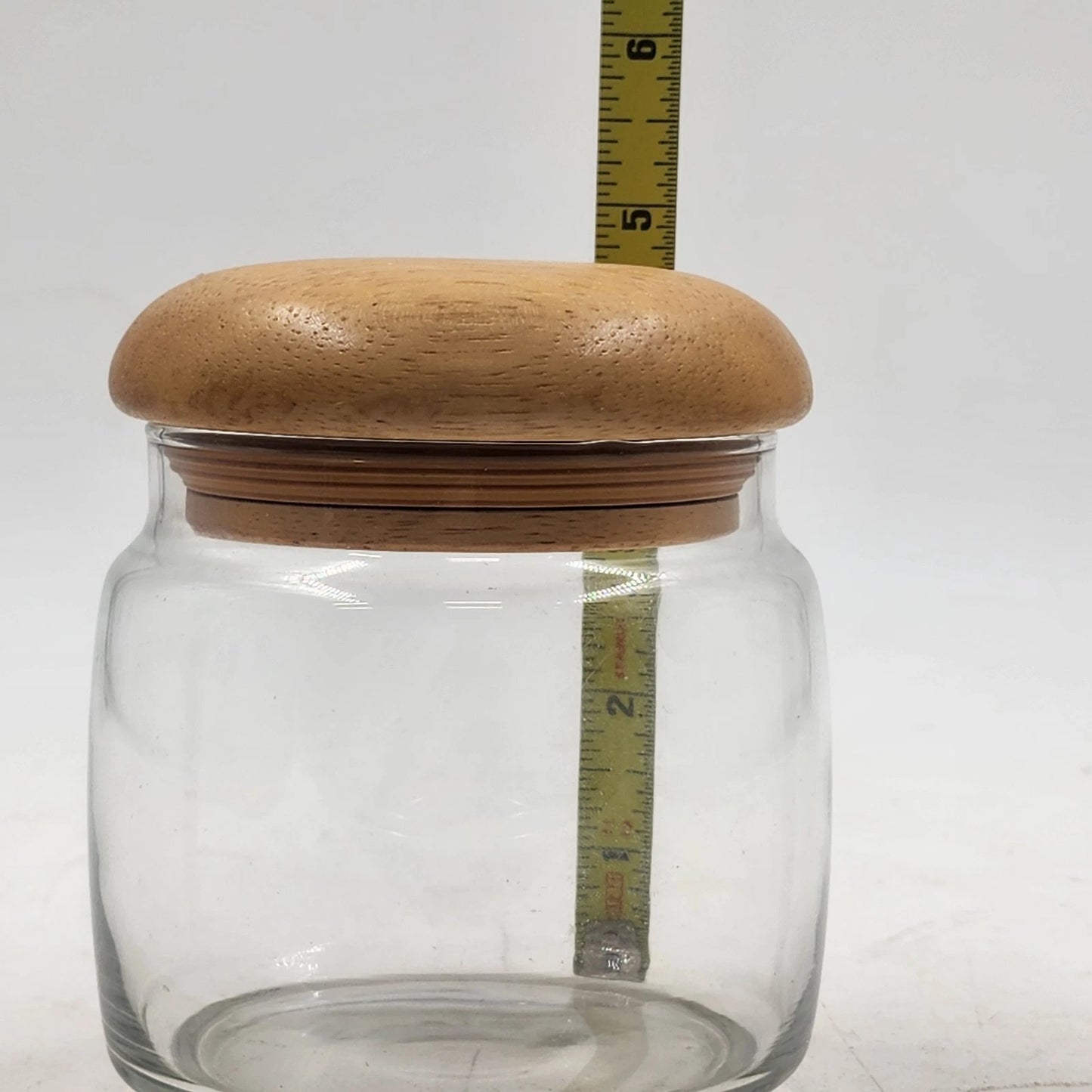 Clear Glass Storage Jar Teak Mushroom Wood Lid Airtight Rubber Seal 4"d x 4.5"h