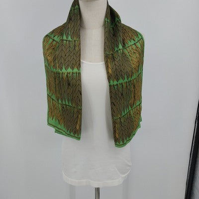 Vera Leaf Print Scarf Green Brown 14" x 44" Rectangle 100% Acetate Japan Vintage
