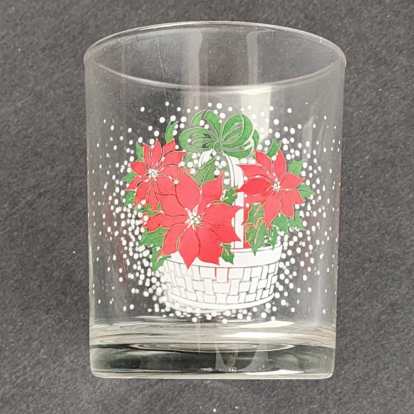 6 Luminarc Poinsettia Basket Christmas Rocks Clear Glasses 12 oz Heavy Base Vtg