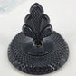 New Martinsville Geneva Glass Puff Box Black Plume Finial Diamond Art Deco 1930s