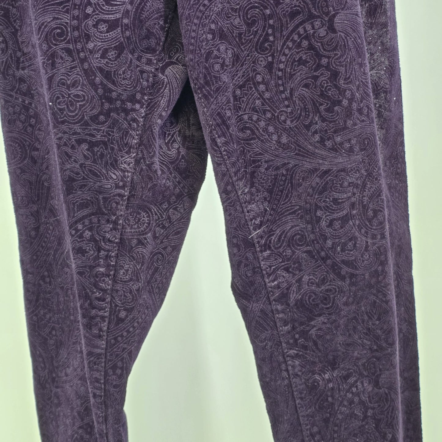 ELLE Dark Plum Purple Velvet Jeans Pants Paisley Boho Motif Low Rise Stretch 12R