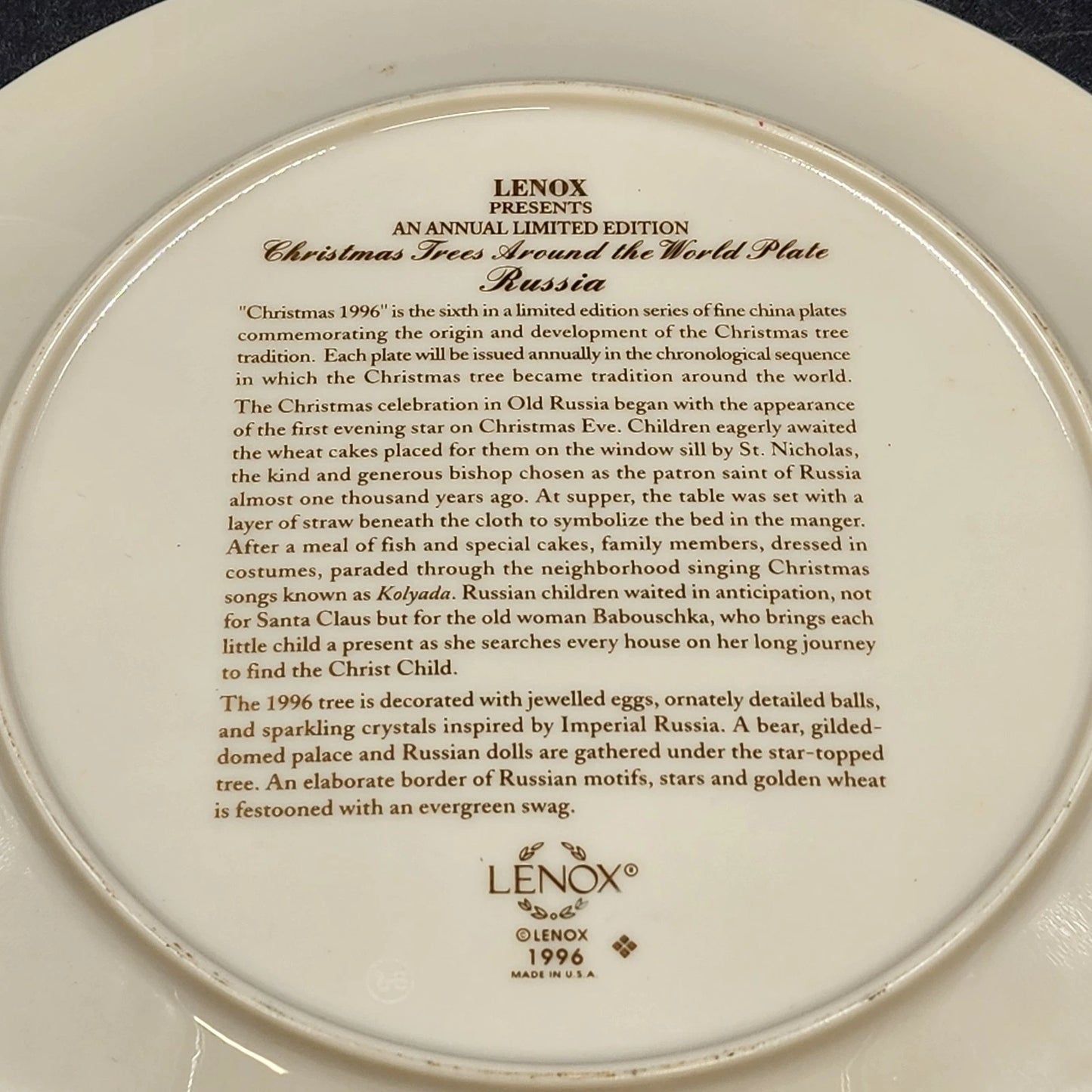 Lenox Annual Plate 1996 Russia Christmas Trees Around the World Limited Edition