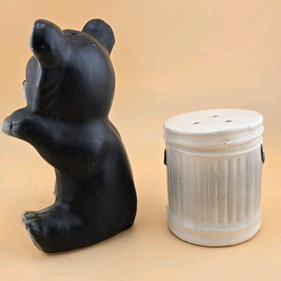 Bear Trash Can Salt Pepper Shakers Plastic Stopper Japan Chalk Ware Ceramic 4.5"