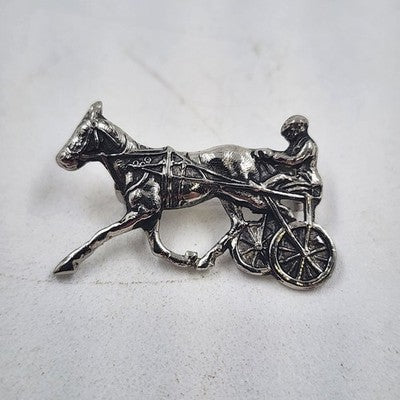 Silver Tone Harness Racing Sulky Jockey Brooch Pin Equestrian Vintage