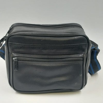Kalimar Black Leather Camera Bag 10"x7"x7" Side Pockets & Shoulder Strap Vintage