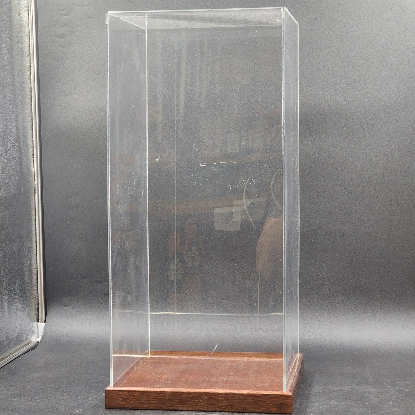 Clear Acrylic Display Case 10x10x23" Display Box with Wood Base Collectible USED