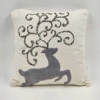 Mud Pie Pillow 13" Sq w Gray Beaded Bling Scrollwork Accent Christmas Reindeer