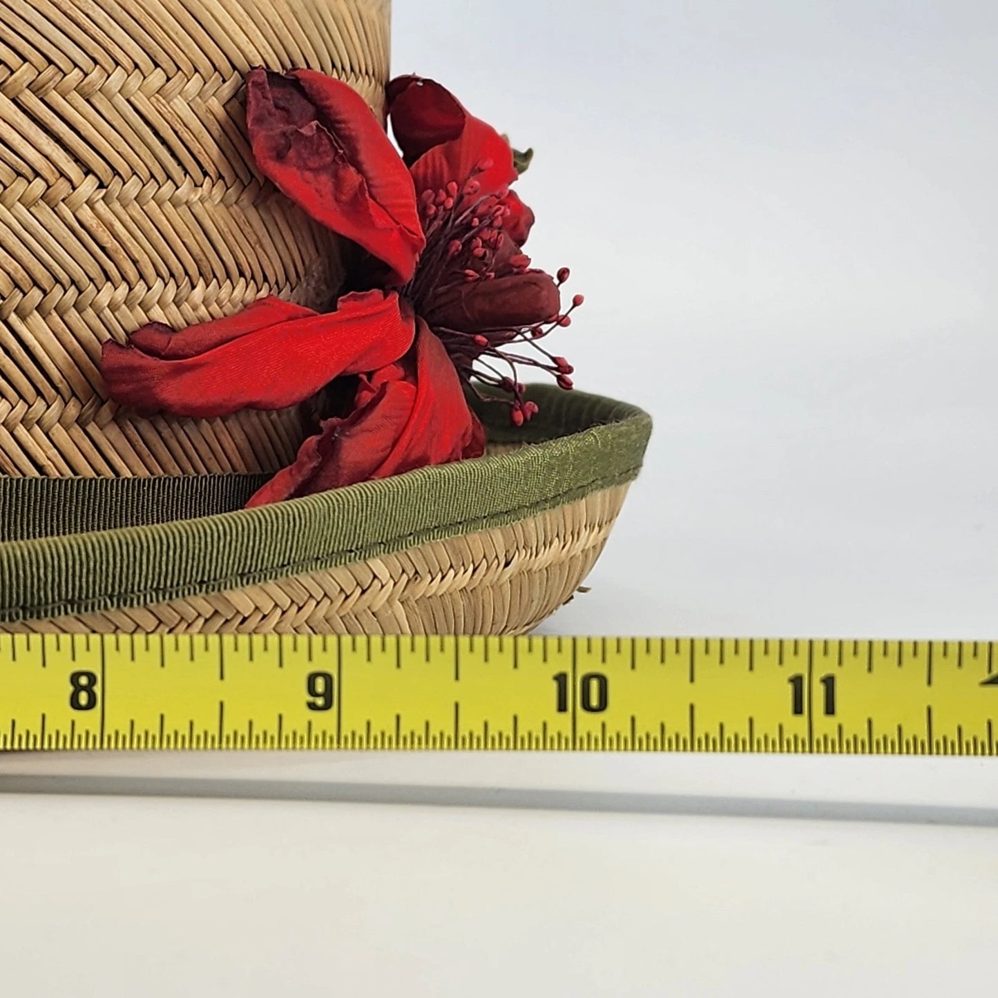 Vintage Straw Boater Hat Green Band Red Flower Ted Jacobs Box