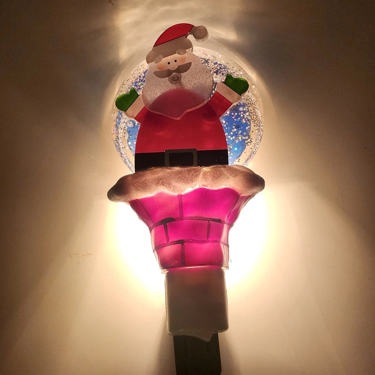 Santa Claus Christmas Night Light Glitter Snow Globe Chimney Plug In Holiday
