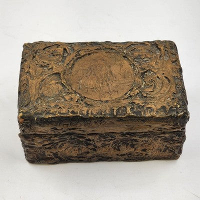 Hand Carved Wooden Jewelry Trinket Box Early American Couple Design 6"x4"