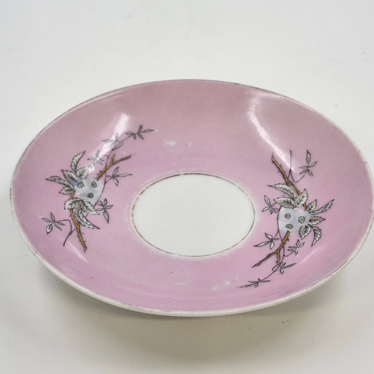 Pink Porcelain Teacup Saucer Blue Flowers Gold Trim 6" No. 7892 Vintage