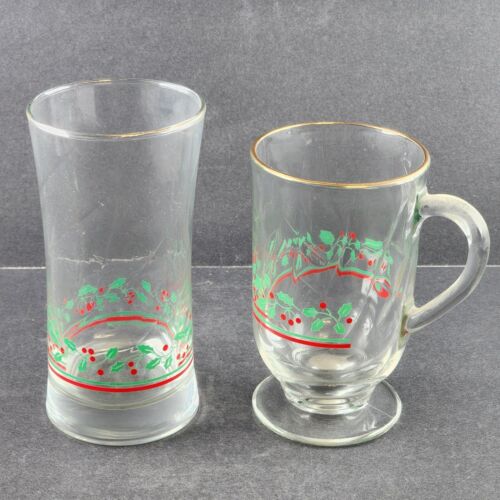 2 Arby's Various Style Glasses Christmas Holiday Holly Berry Cups Vintage