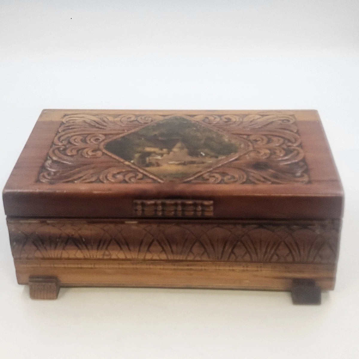 Jewelry Trinket Box 11" Carved Cedar Natural Wood Cottage Scene Footed Vintage