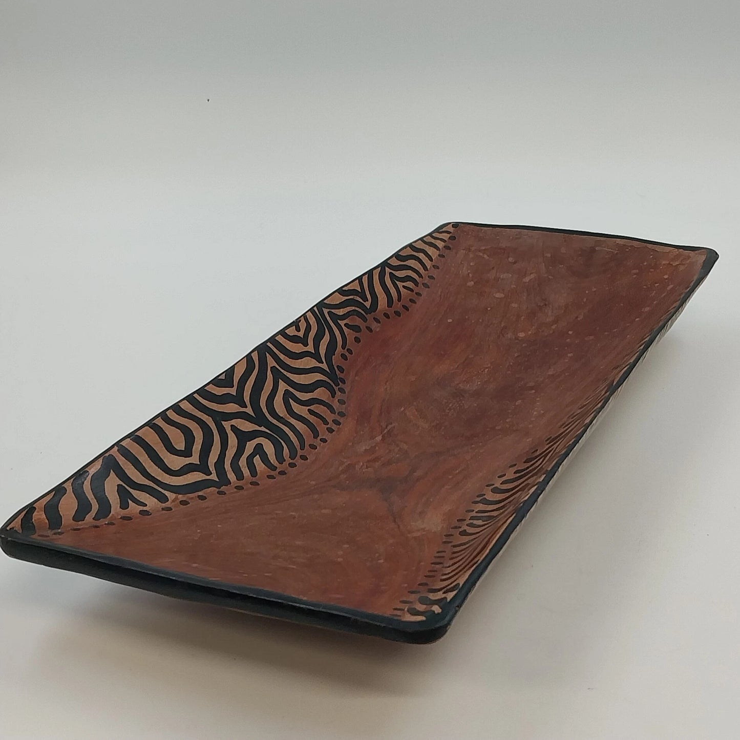 South African Hand Carved Wood Serving Bowl Tray Painted Zebra Pattern 15" x 6"