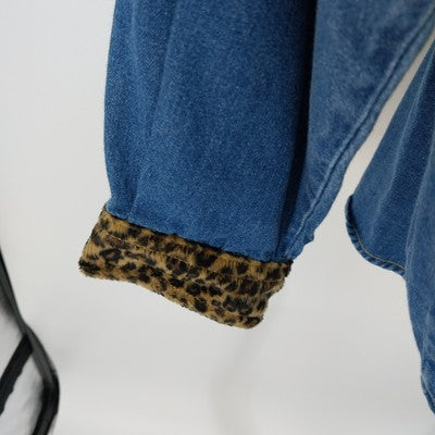 Solutions Blue Denim Shirt L Leopard Print Collar Cuffs Button Up 100% Cotton