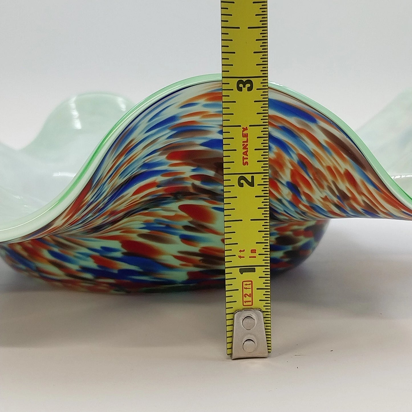 Hand Blown Art Glass Ruffled Bowl White Cased Multicolor Spun Spatter 12" Wide