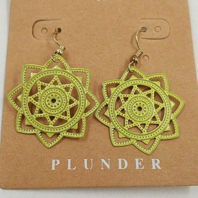 Plunder Light Yellow Geometric Star Filagree Fretwork Hook Dangle Drop Earrings