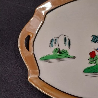 Japanese Lusterware Mini Platter Tray 6.5" Hand Painted Countryside Vintage 1960