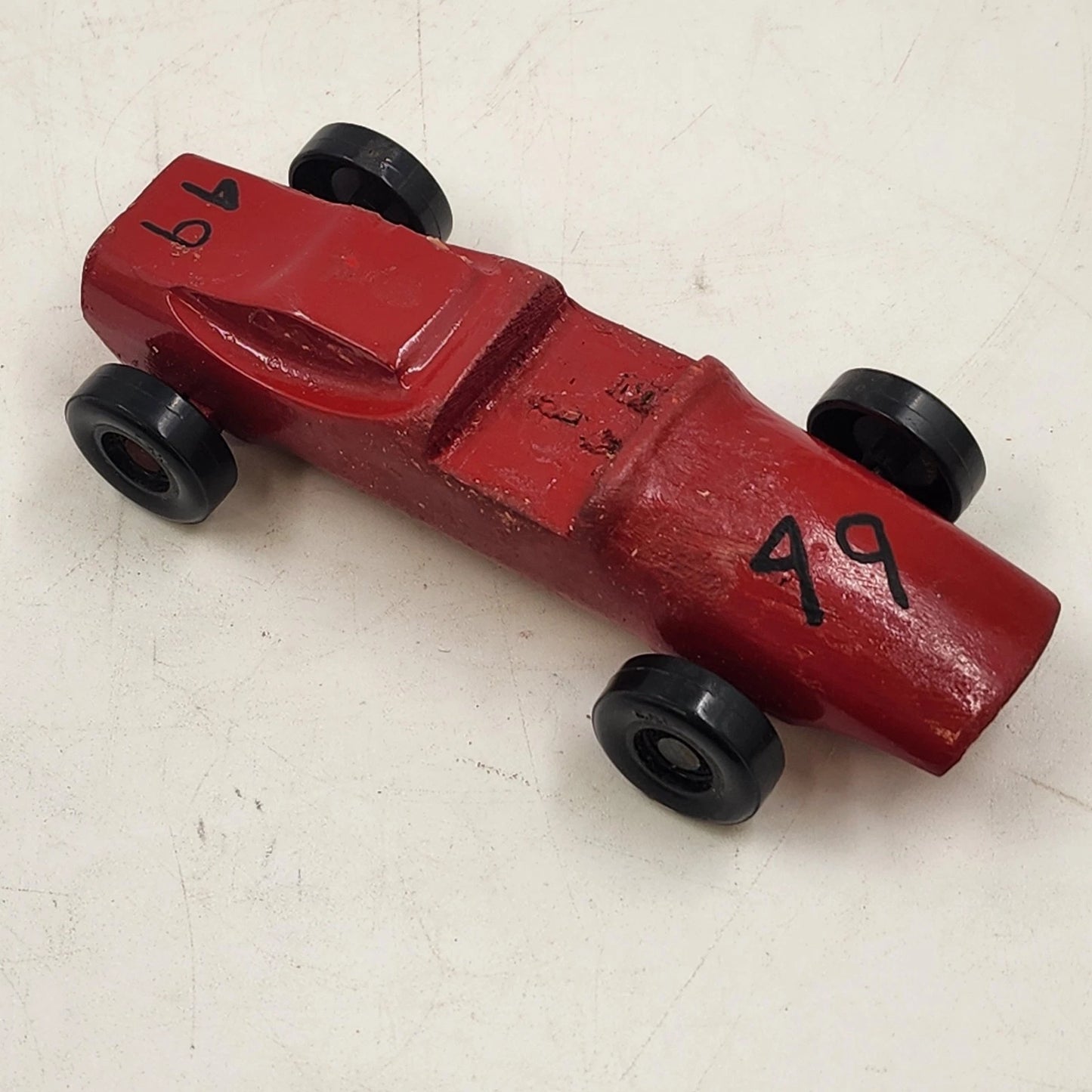 Pinewood Derby Car No 49 Red Handmade Wood Racer Vehicle w/ Winner Ribbon 1975