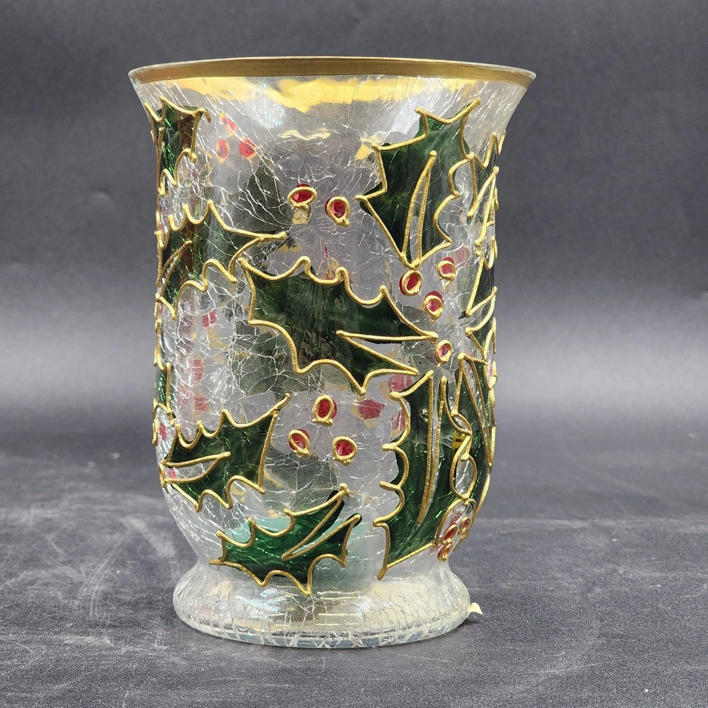Celebrations Holly Tealight Candle Holder Clear 6" Hand Painted Hurricane Style