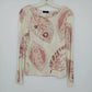 Womyn Cream Pink Botanical Leaf Print Top Women's XS Stretch Knit Long Sleeve