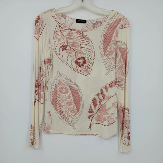 Womyn Cream Pink Botanical Leaf Print Top Women's XS Stretch Knit Long Sleeve