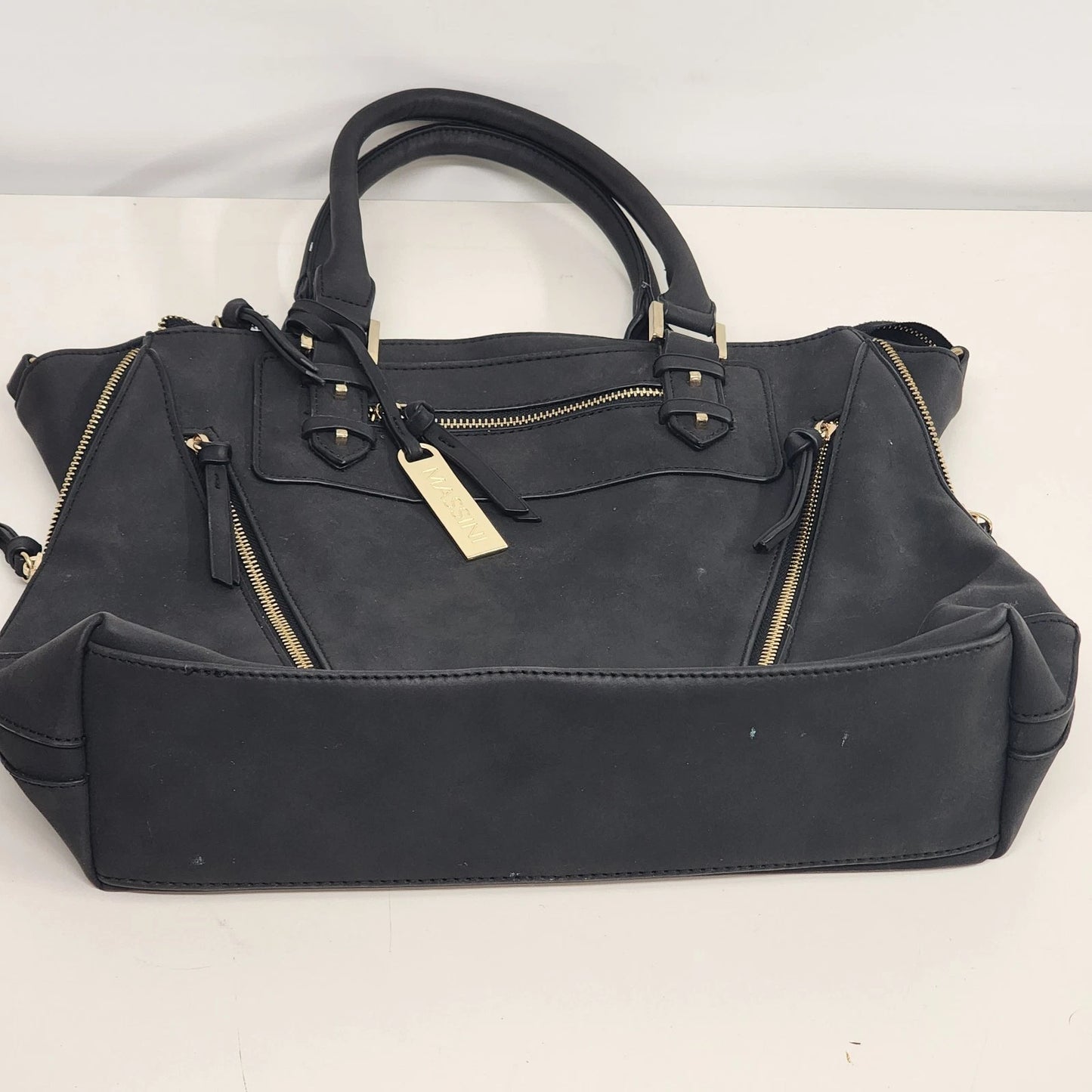 Massini Black Faux Leather Tote Handbag 16in Gold Tone Zipper