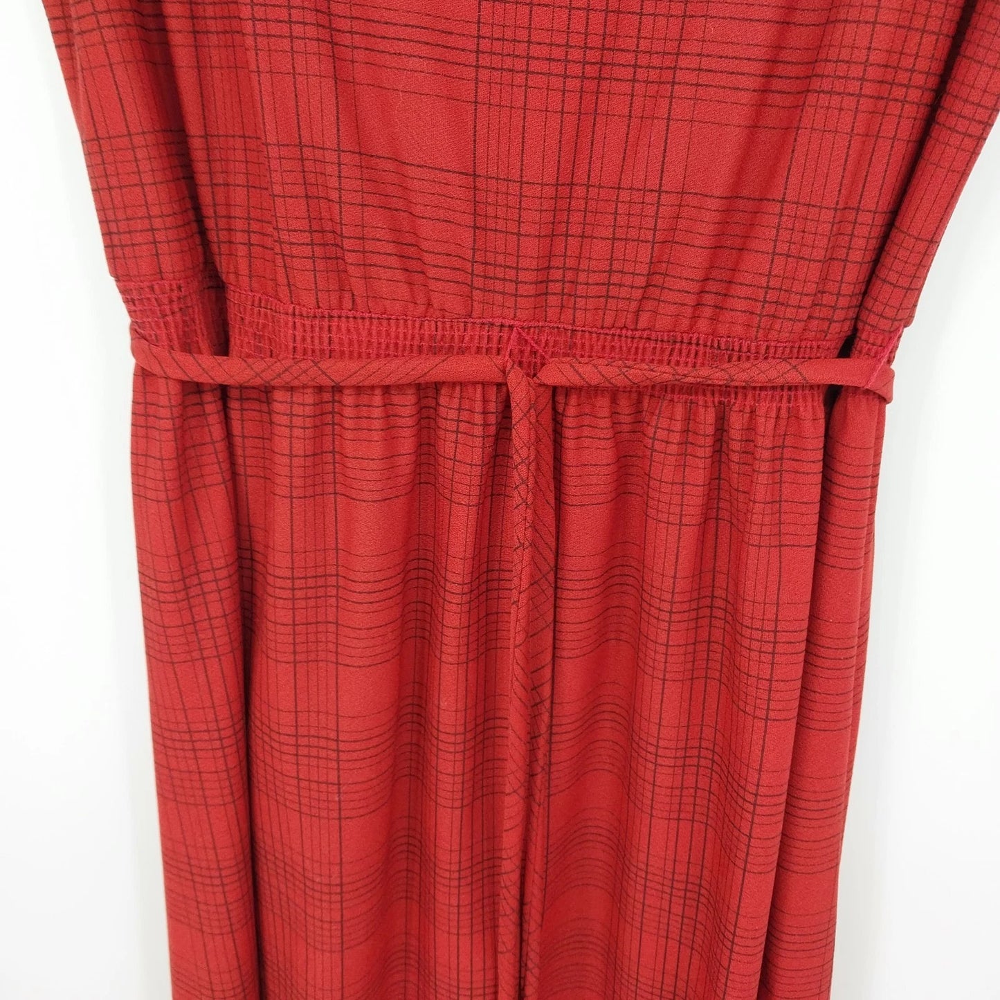 Strait Lane Red Plaid Dress Self-Tie Waist Women's 14 Short Sleeve Polyester 41"