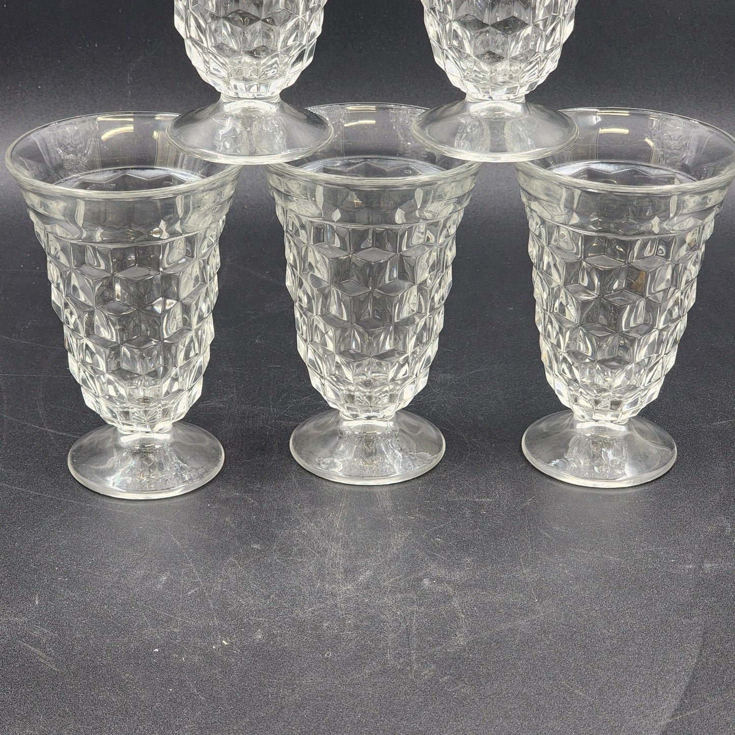 6 Fostoria American Clear Ice Tea Glasses Cubist Design Footed Pedestal Vintage