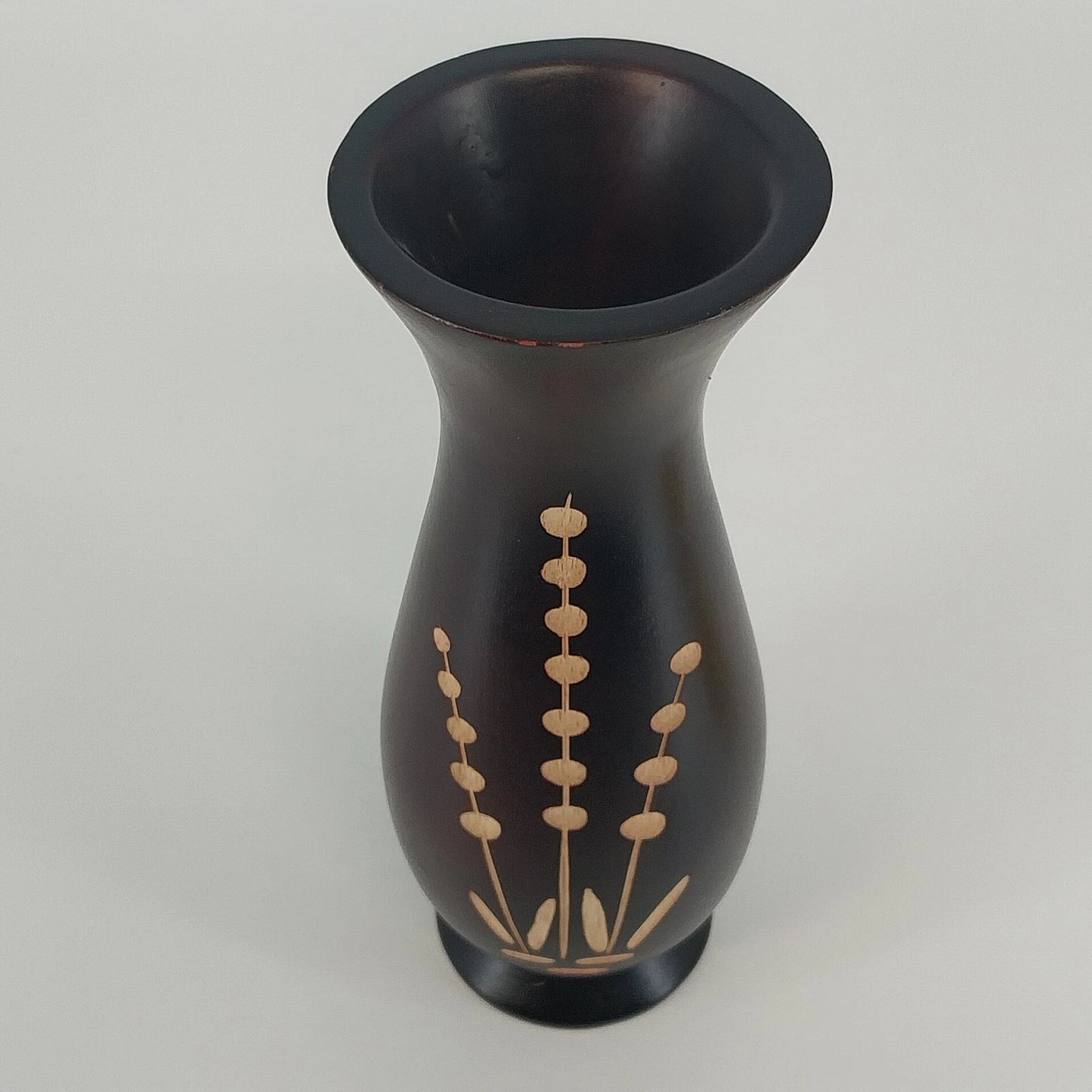 Turned Wood Vase Inset Botanical Floral Pattern Dark Brown 8" Vintage