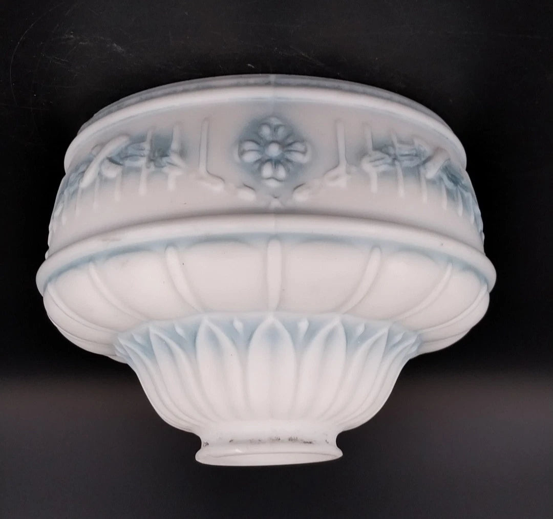 Art Deco Frosted Milk Glass Wall Sconce Shade Blue Floral Globe 2.25 Fitter